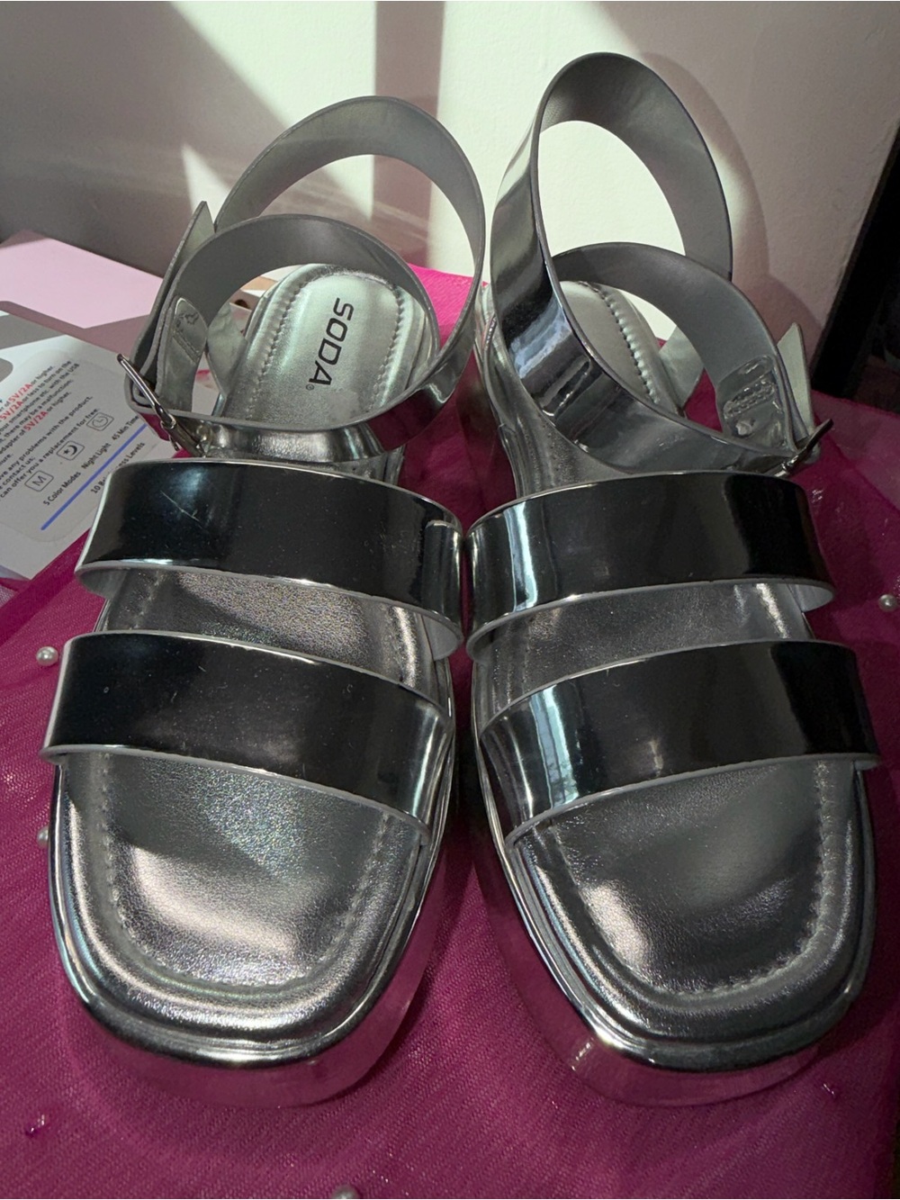 Soda Silver Metallic Triple-Strap Platform Sandals